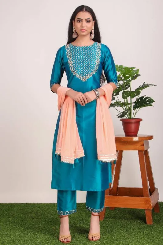 Women Party Wear Embroidery Worked Kurta With Pant And Duppata Set Cozy Full-Length Pants
