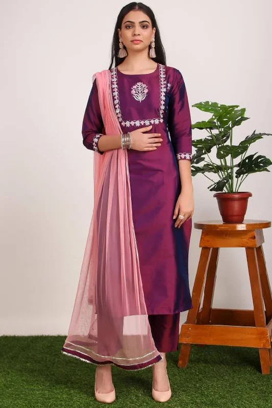 Women Party Wear Embroidery Worked Kurta With Pant And Duppata Set Comfortable Denim Leggings