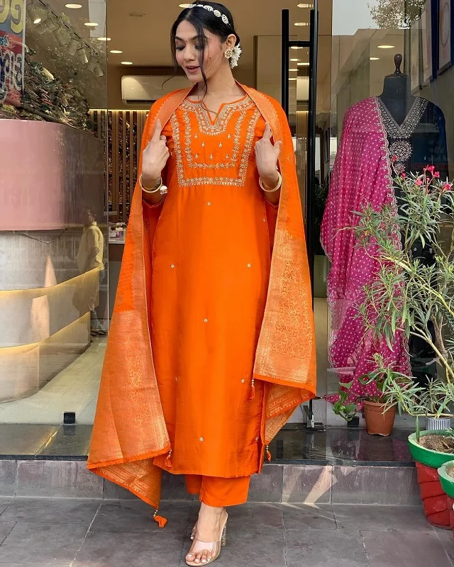 Women Party Wear Embroidery Worked Kurta With Pant And Duppata Set Trendy Velvet Pants