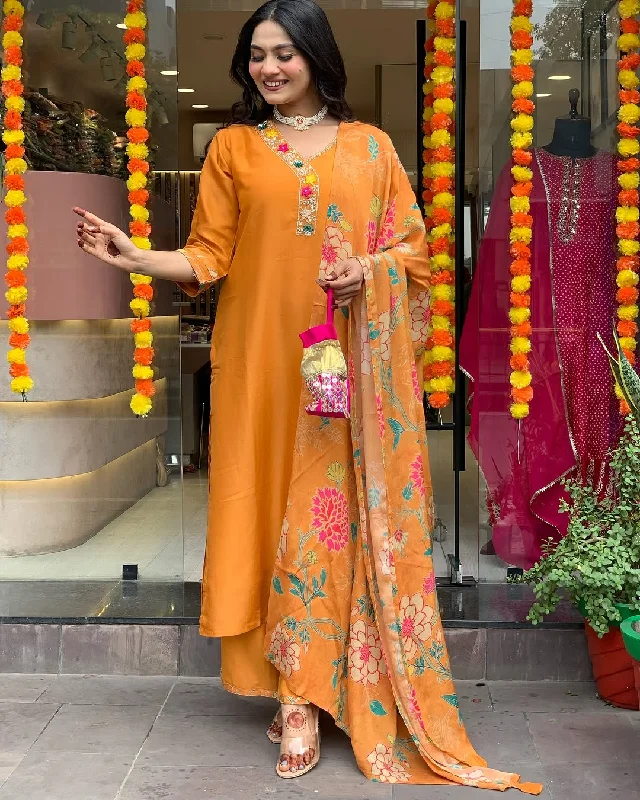 Women Party Wear Embroidery Worked Kurta With Pant And Duppata Set Comfortable Pleated Pants Women Party Wear Embroidery Worked Kurta With Pant And Duppata Set Comfortable Pleated Pants