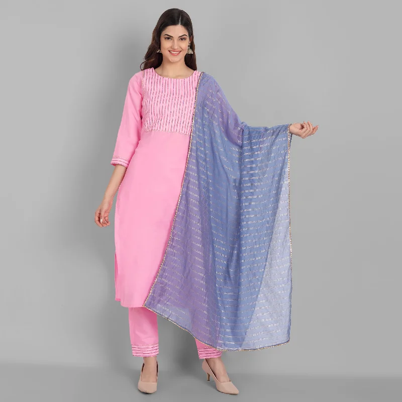 Women Party Wear Foil Print Worked Kurta With Pant And Duppata Set Cozy Knit Pants