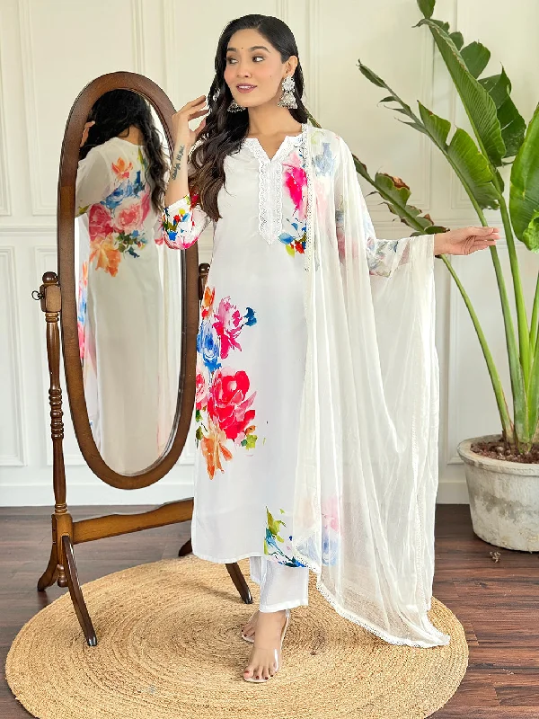 Women Party Wear Embroidery Worked Kurta With Pant And Duppata Set Soft Stretch Leggings