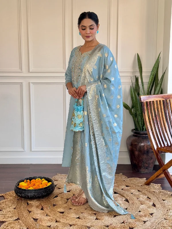 Women Party Wear Embroidery Worked Kurta With Pant And Duppata Set Soft Sweatpants Style