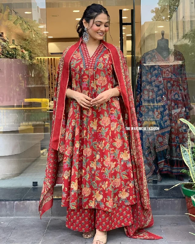 Women Party Wear Embroidery Worked Kurta With Pant And Duppata Set Stylish Elastic Waist Pants