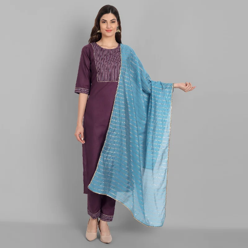 Women Party Wear Foil Print Worked Kurta With Pant And Duppata Set Classic Chino Pants