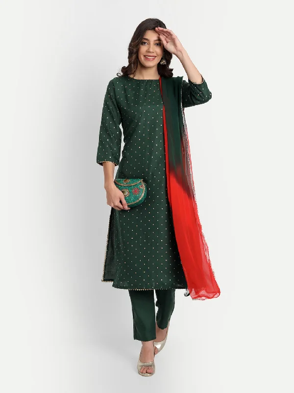 Women Party Wear Foil Polka Print Worked Kurta With Pant And Duppata Set Formal Wide-Leg Pants