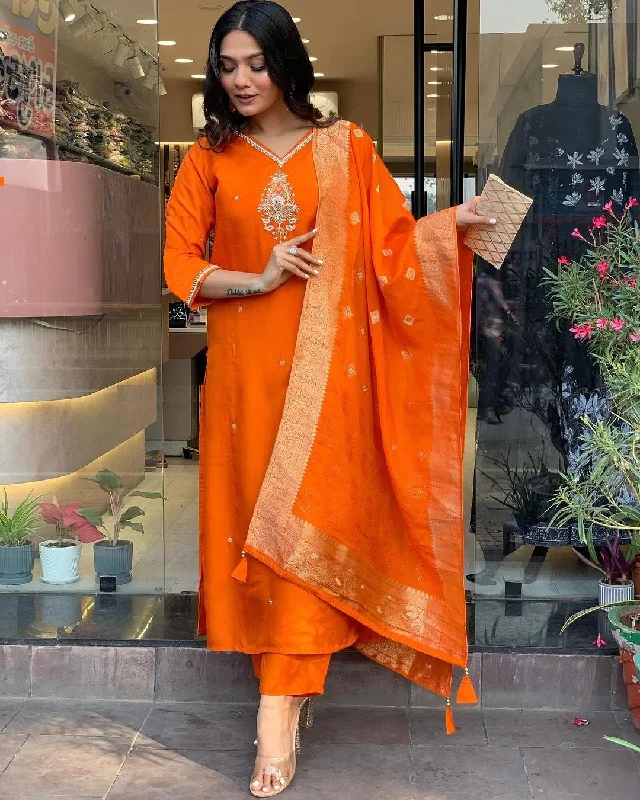 Women Party Wear Embroidery Worked Kurta With Pant And Duppata Set Slim Fit Casual Pants