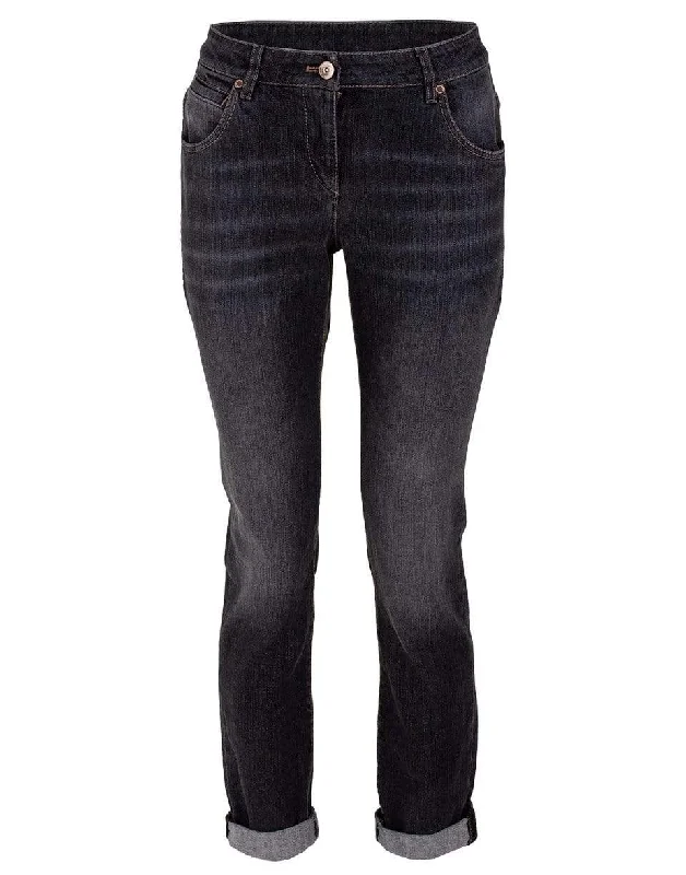 Dark Grey Monili Detail Straight Leg Denim Pant Elegant Trouser Pants