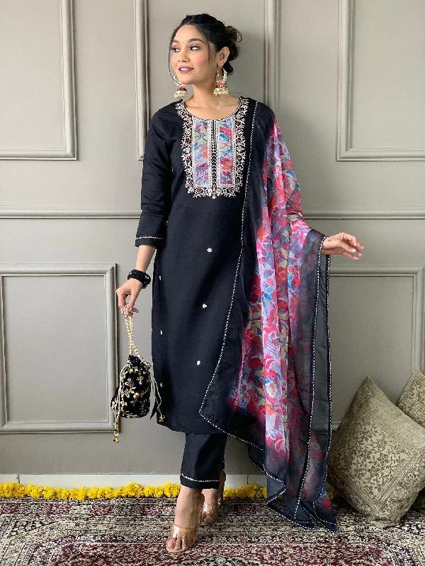Women Party Wear Embroidery Worked Kurta With Pant And Duppata Set Slim-Fit Khaki Pants