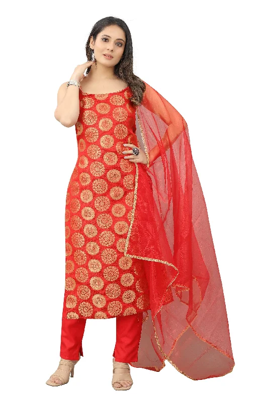 Women Party Wear Jari Weaving Worked Kurta With Pant Set Comfortable Pleated Pants