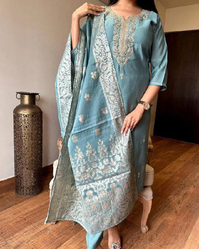 Women Party Wear Embroidery Worked Kurta With Pant And Duppata Set Elegant High-Waist Pants