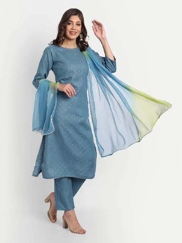 Women Party Wear Foil Polka Print Worked Kurta With Pant And Duppata Set Relaxed Lounge Trousers