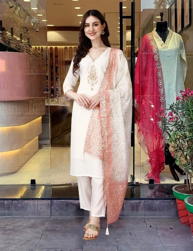 Women Party Wear Embroidery Worked Kurta With Pant And Duppata Set Chic Checkered Pants