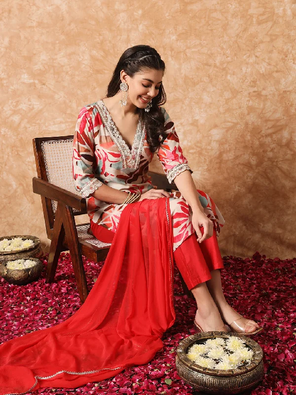 Women Party Wear Embroidery Worked Kurta With Pant And Duppata Set Comfy High-Waist Jeans