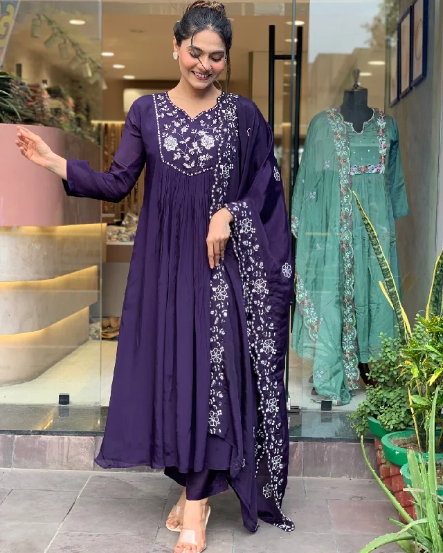 Women Party Wear Embroidery Worked Kurta With Pant And Duppata Set Chic Black Leggings