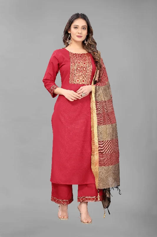 Women Party Wear Embroidery Worked Kurta With Pant And Duppata Set Comfortable Pleated Pants