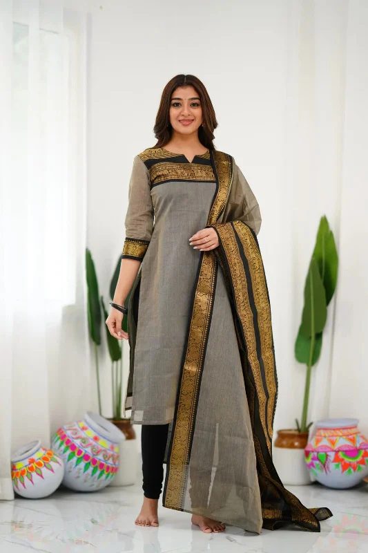 Women Party Wear Cotton Kurta With Pant And Duppata Set Casual Sweatpants Style