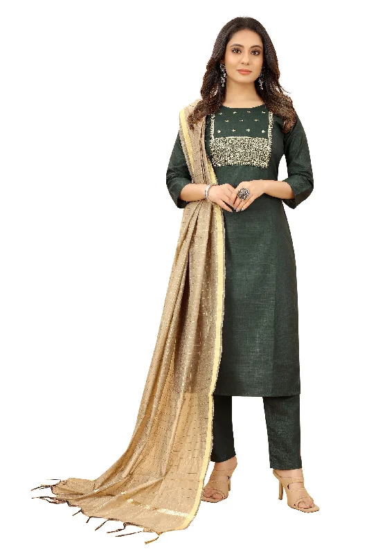 Women Party Wear Embroidery Worked Kurta With Pant And Duppata Set Relaxed Linen Pants