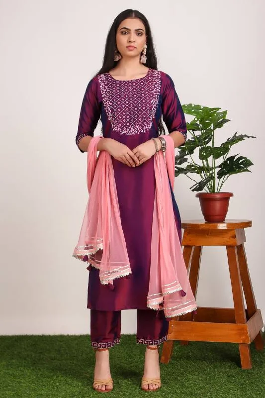 Women Party Wear Embroidery Worked Kurta With Pant And Duppata Set Comfy Zip-Up Pants