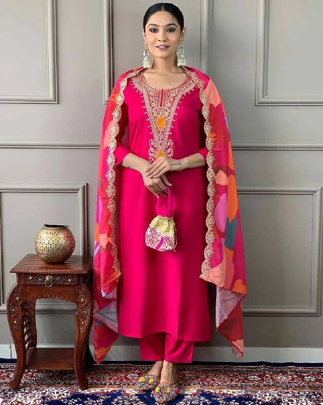 Women Party Wear Embroidery Worked Kurta With Pant And Duppata Set Formal Linen Trousers