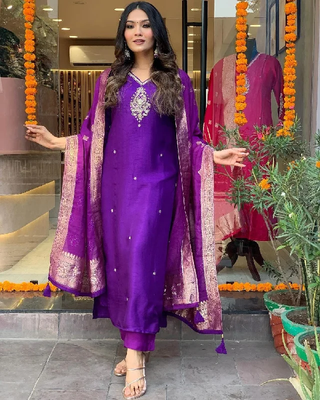 Women Party Wear Embroidery Worked Kurta With Pant And Duppata Set Casual Plaid Pants
