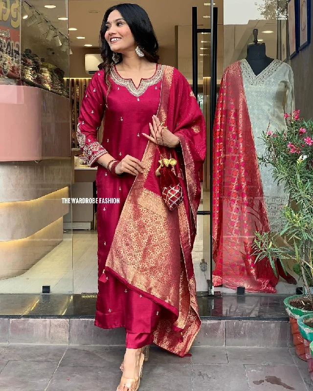 Women Party Wear Embroidery Worked Kurta With Pant And Duppata Set Cozy Lounge Pants Women Party Wear Embroidery Worked Kurta With Pant And Duppata Set Cozy Lounge Pants
