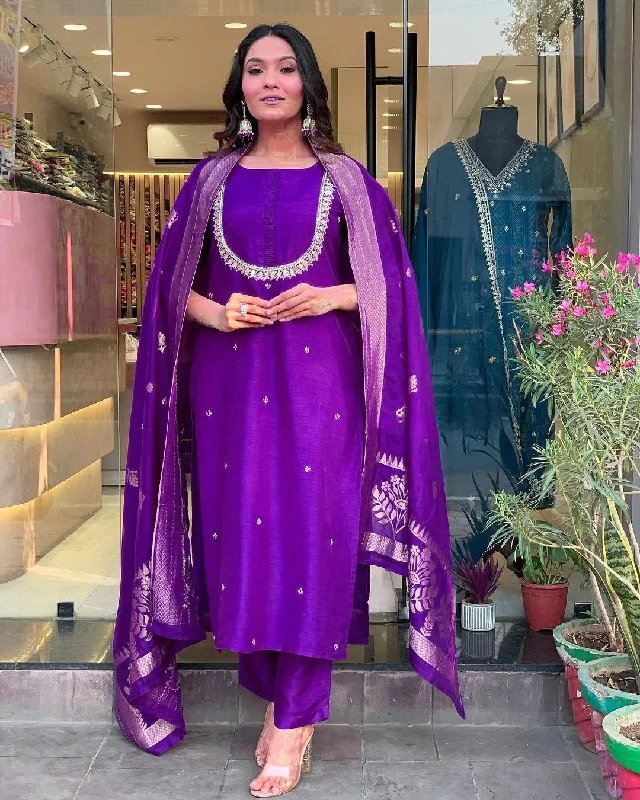 Women Party Wear Embroidery Worked Kurta With Pant And Duppata Set Casual Drawstring Pants