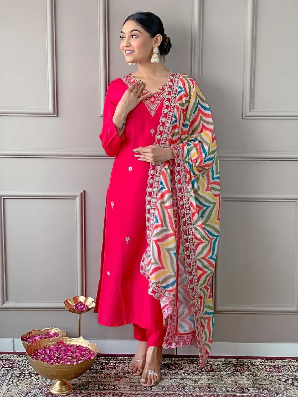 Women Party Wear Embroidery Worked Kurta With Pant And Duppata Set Casual Sweatpants Style