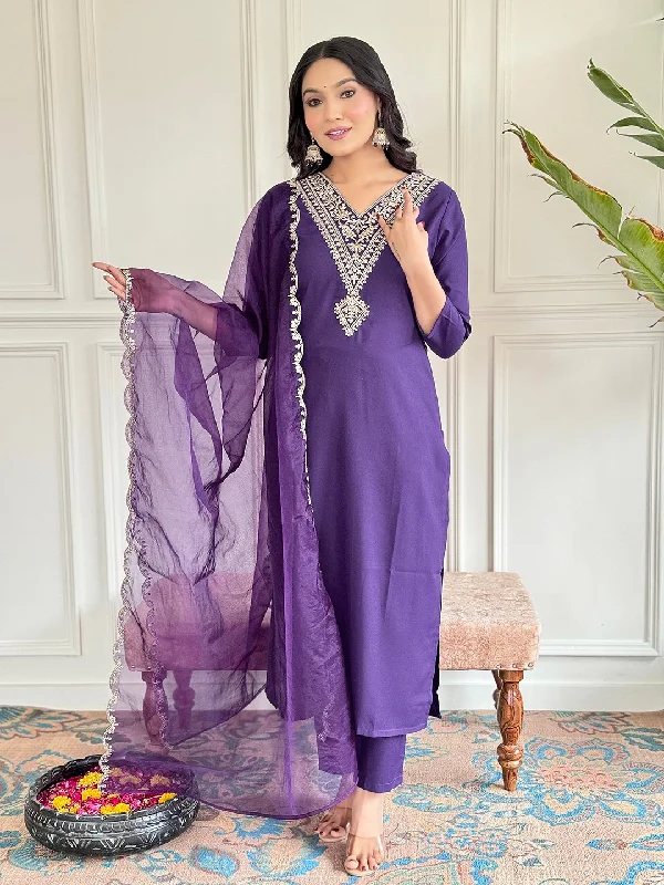 Women Party Wear Embroidery Worked Kurta With Pant And Duppata Set Wide-Legged Palazzos