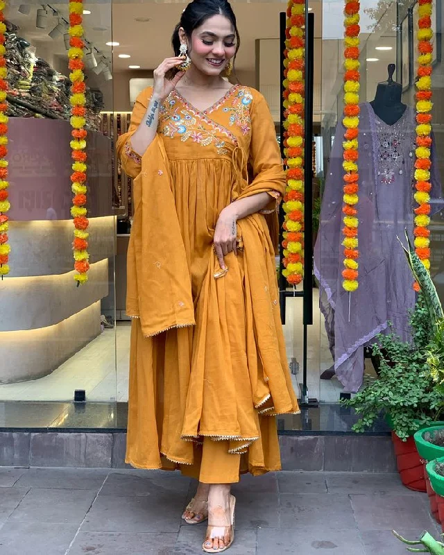Women Party Wear Embroidery Worked Kurta With Pant And Duppata Set Soft Sweatpants Style
