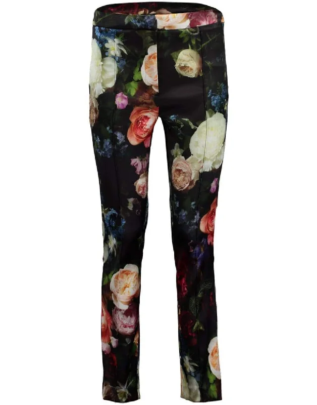 Floral Print Satin Stretch Cigarette Pant Relaxed Linen Pants