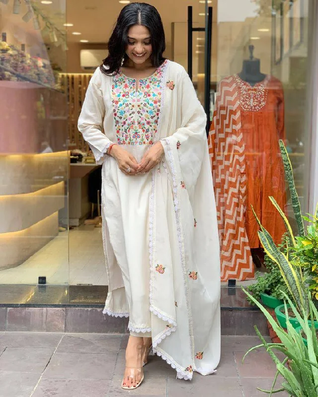 Women Party Wear Embroidery Worked Kurta With Pant And Duppata Set Slim-Fit Leggings