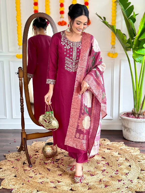 Women Party Wear Embroidery Worked Kurta With Pant And Duppata Set Stylish Paperbag Waist Pants