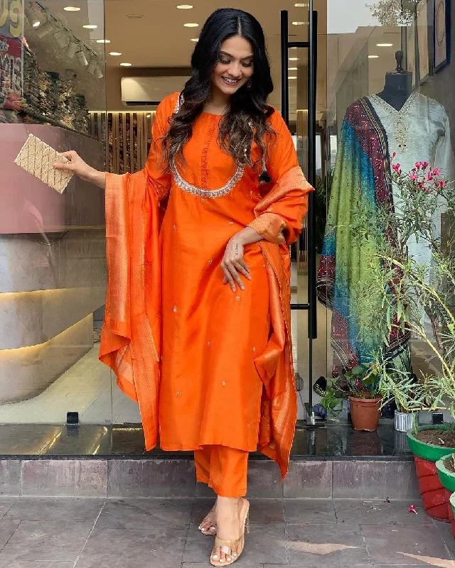 Women Party Wear Embroidery Worked Kurta With Pant And Duppata Set Chic Wool Trousers