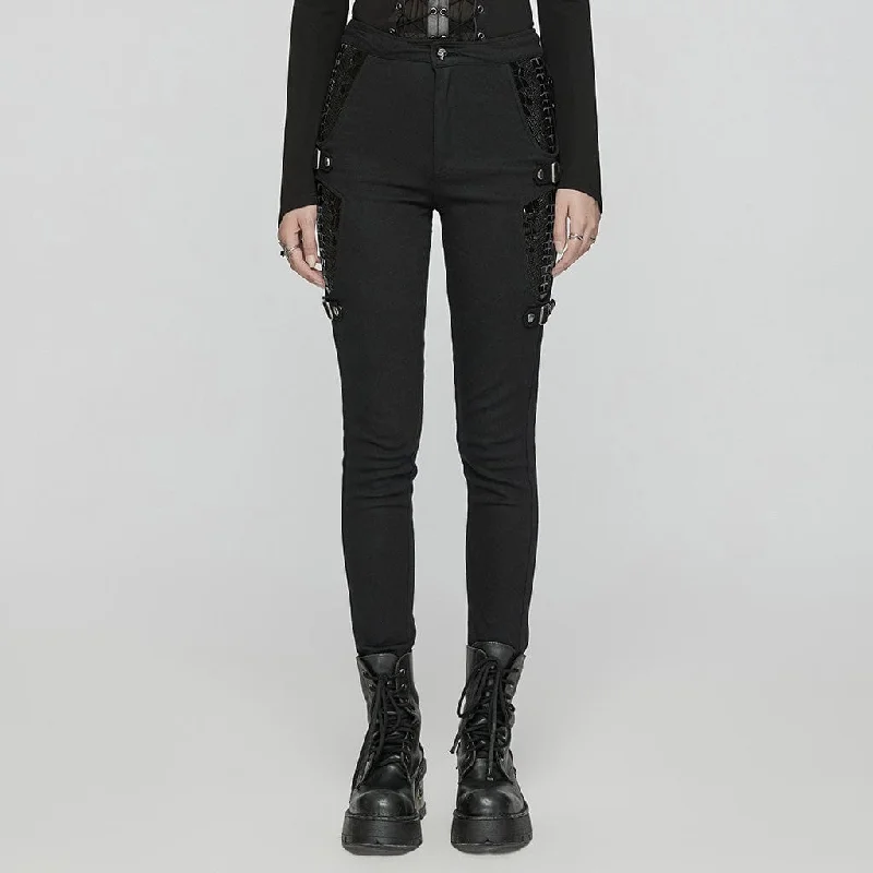 Women's Punk Skeleton Patent Leather Splice Pants Sleek Black Pants