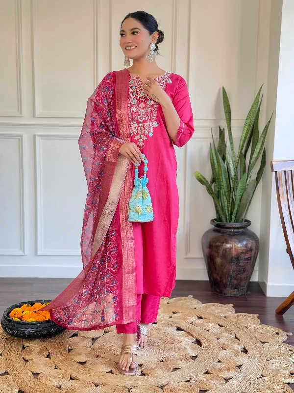 Women Party Wear Embroidery Worked Kurta With Pant And Duppata Set Comfortable Jogger Trousers