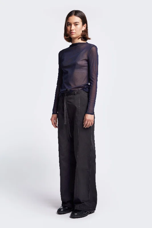 Found Tie Front Pant Black w/ Brown Stitch Stylish Elastic Waist Pants