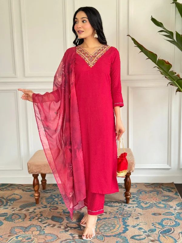Women Party Wear Embroidery Worked Kurta With Pant And Duppata Set Relaxed Fit Trousers