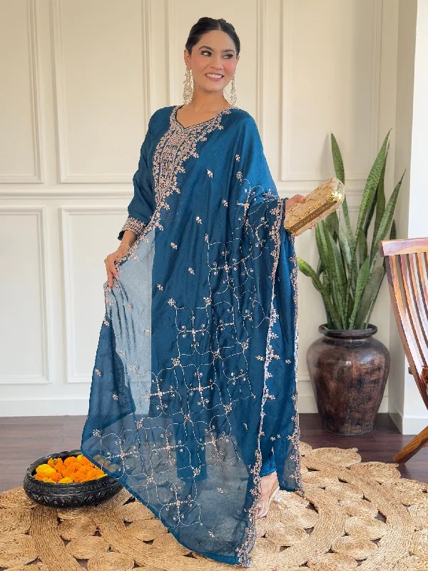 Women Party Wear Embroidery Worked Kurta With Pant And Duppata Set Warm Wool Trousers