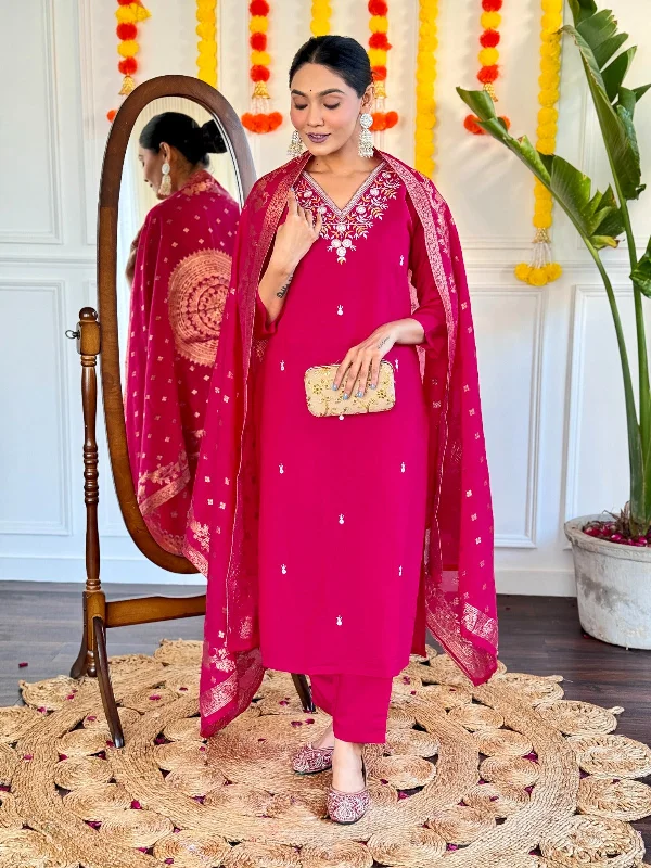 Women Party Wear Embroidery Worked Kurta With Pant And Duppata Set Comfortable Denim Pants