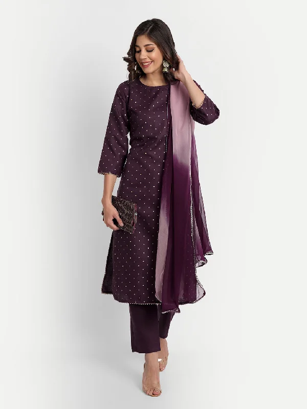 Women Party Wear Foil Polka Print Worked Kurta With Pant And Duppata Set Trendy High-Waist Trousers