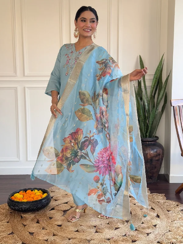 Women Party Wear Embroidery Worked Kurta With Pant And Duppata Set Elegant Wool Trousers