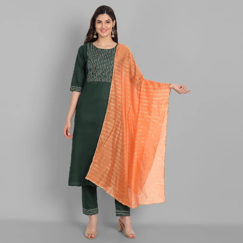 Women Party Wear Foil Print Worked Kurta With Pant And Duppata Set Slim-Fit Leggings