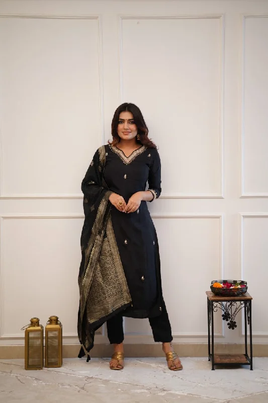 Women Party Wear Embroidery Worked Kurta With Pant And Duppata Set Modern Stretch Trousers