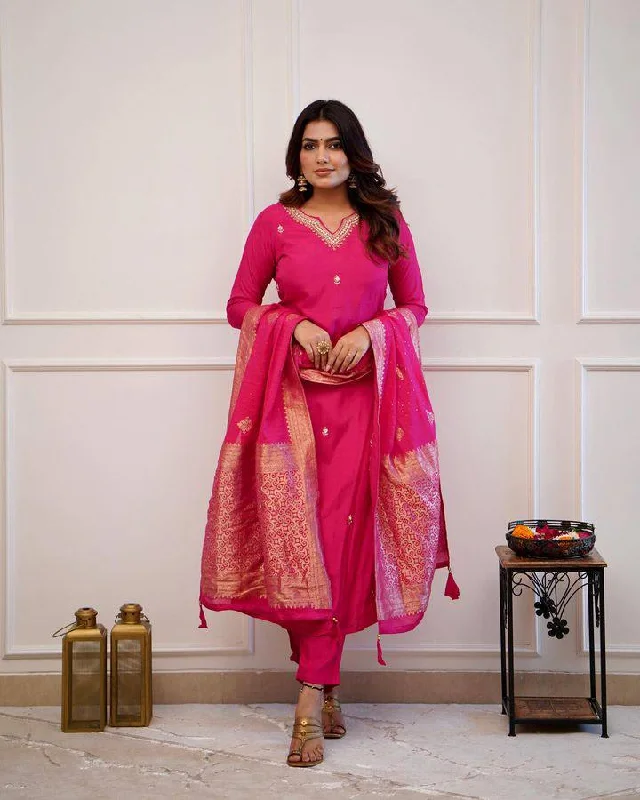 Women Party Wear Embroidery Worked Kurta With Pant And Duppata Set Casual Wide Pants