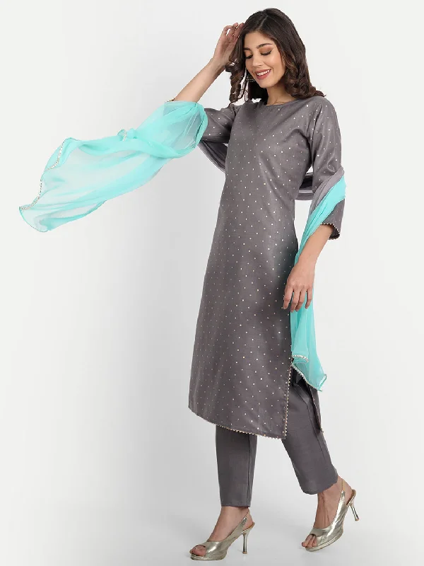 Women Party Wear Foil Polka Print Worked Kurta With Pant And Duppata Set Classic Bootcut Trousers