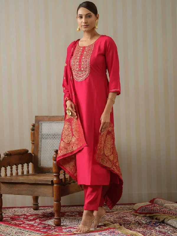Women Party Wear Embroidery Worked Kurta With Pant And Duppata Set Slim-Fit Leggings