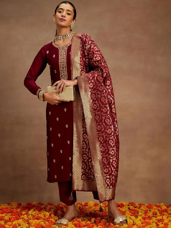 Women Party Wear Embroidery Worked Kurta With Pant And Duppata Set Cozy Knit Pants