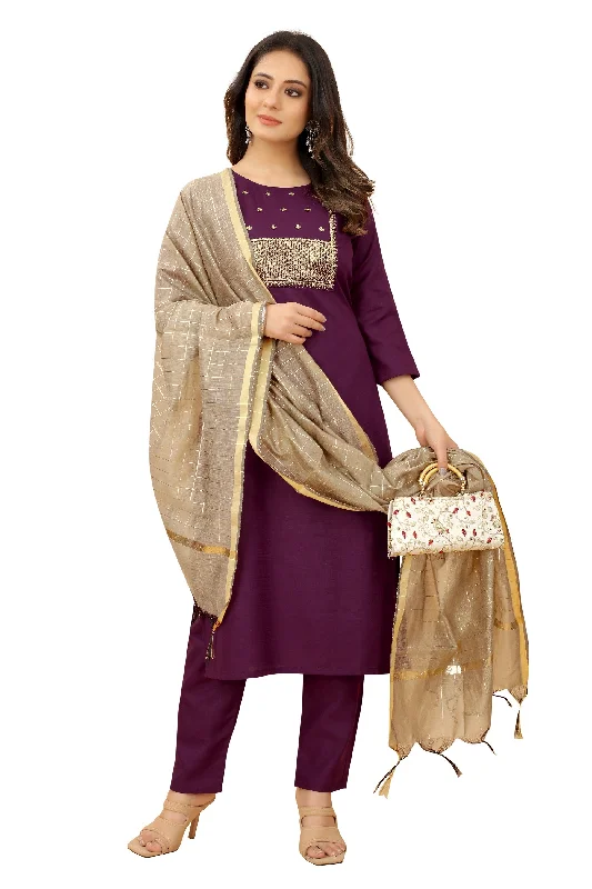 Women Party Wear Embroidery Worked Kurta With Pant And Duppata Set Formal Linen Trousers
