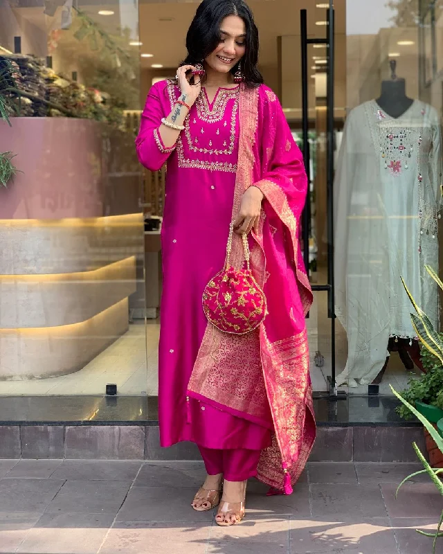 Women Party Wear Embroidery Worked Kurta With Pant And Duppata Set Trendy Printed Leggings